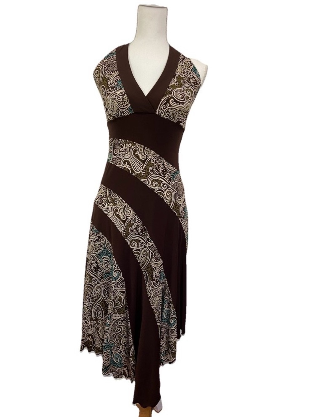 Y2K Paisley Halter Dress Asymmetrical Lettuce Hem Midi Fairy Vintage Babydoll